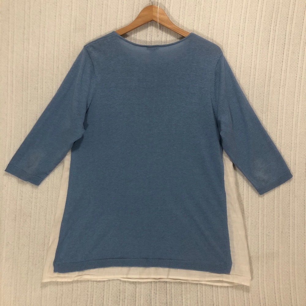 J. Jill Blue Knit 3/4 Sleeve Sweater White Linen Layered Hem Top Large - Picture 6 of 8